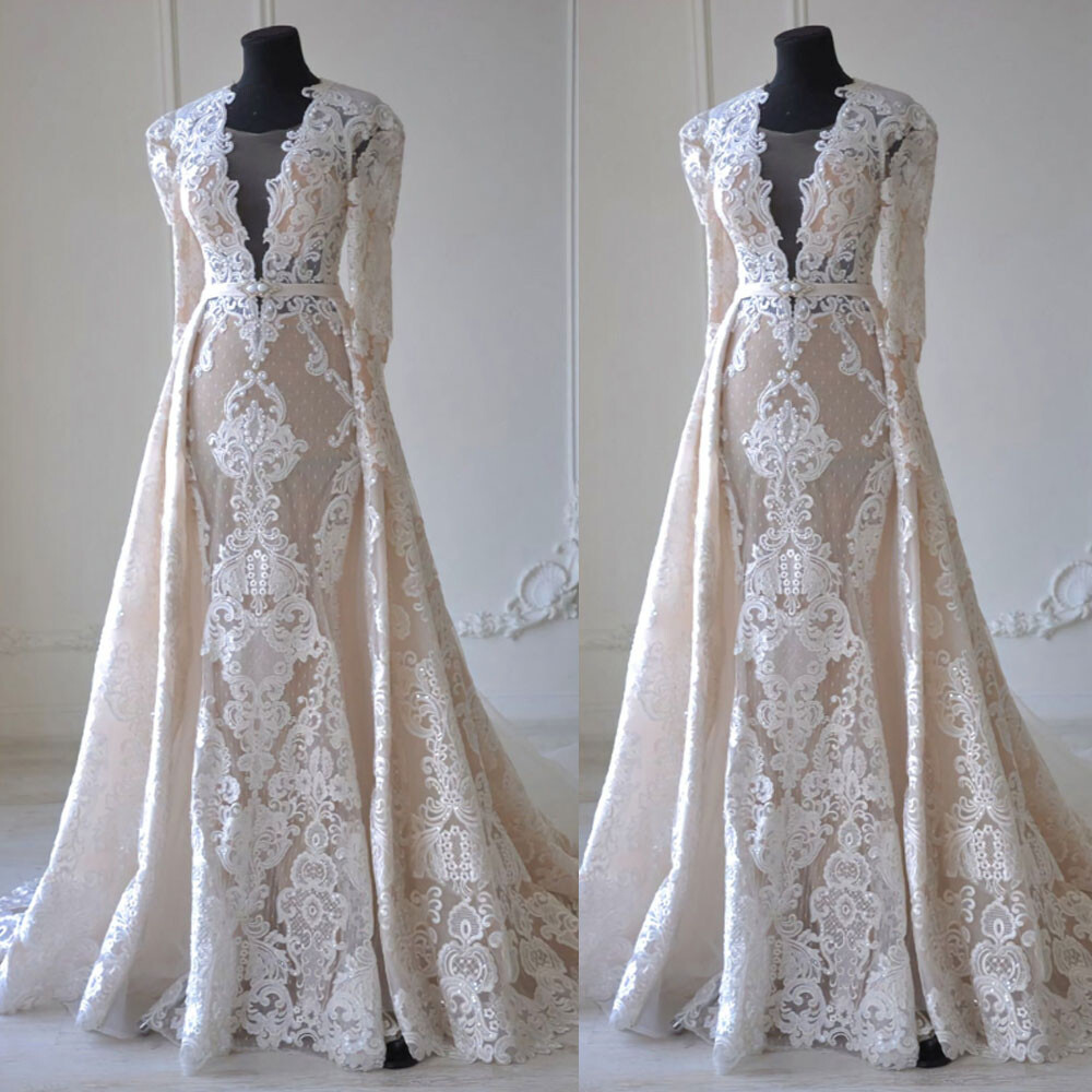 Elegant Champagne Wedding Dresses V-Neck Long Sleeved Lace Applique Bridal Gowns