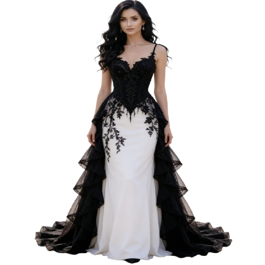 Black White Mermaid Gothic Wedding Dress Elegant Spaghetti Straps Tiered Tulle