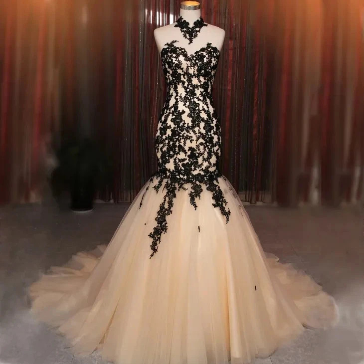 Wedding Dress Black Lace Champagne Mermaid High Neck Sexy Open Back Bridal Gown
