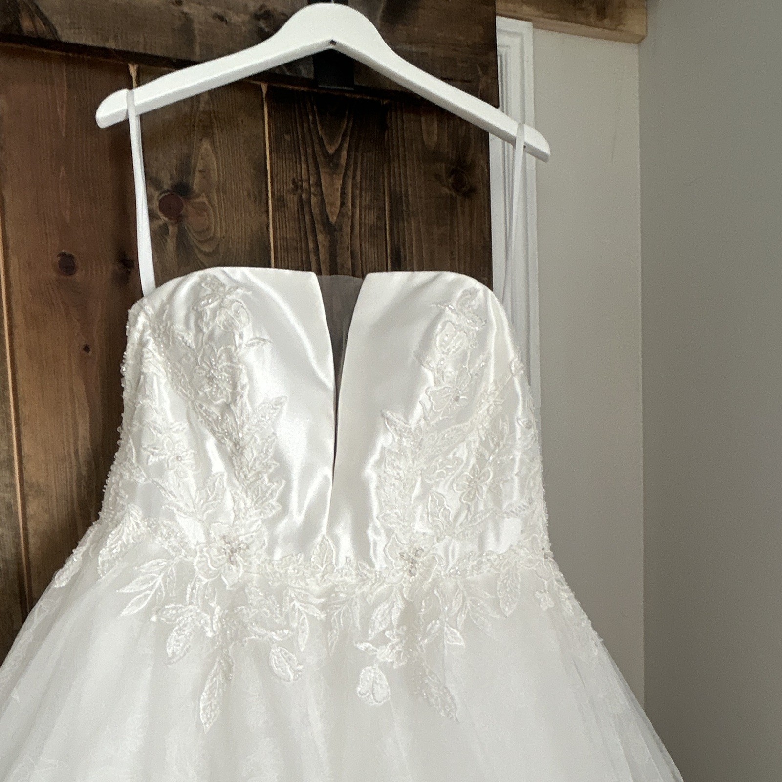 White Strapless Lace Bodice Ball Gown Wedding Dress Full-Length Corset Back