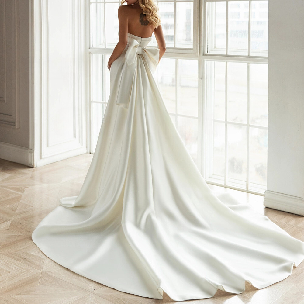 Strapless Satin Mermaid Wedding Dresses With Bow Detachable Train Customed New