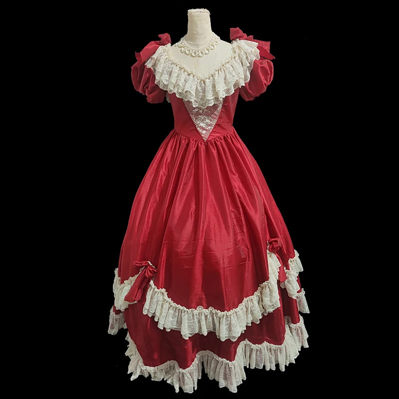 Princess red Simulated silk double palace satin white flowers lace Vneck big bow