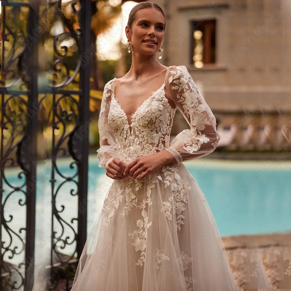 V Neck Tulle A Line Wedding Dress Long Sleeve Lace Applique Backless Bride