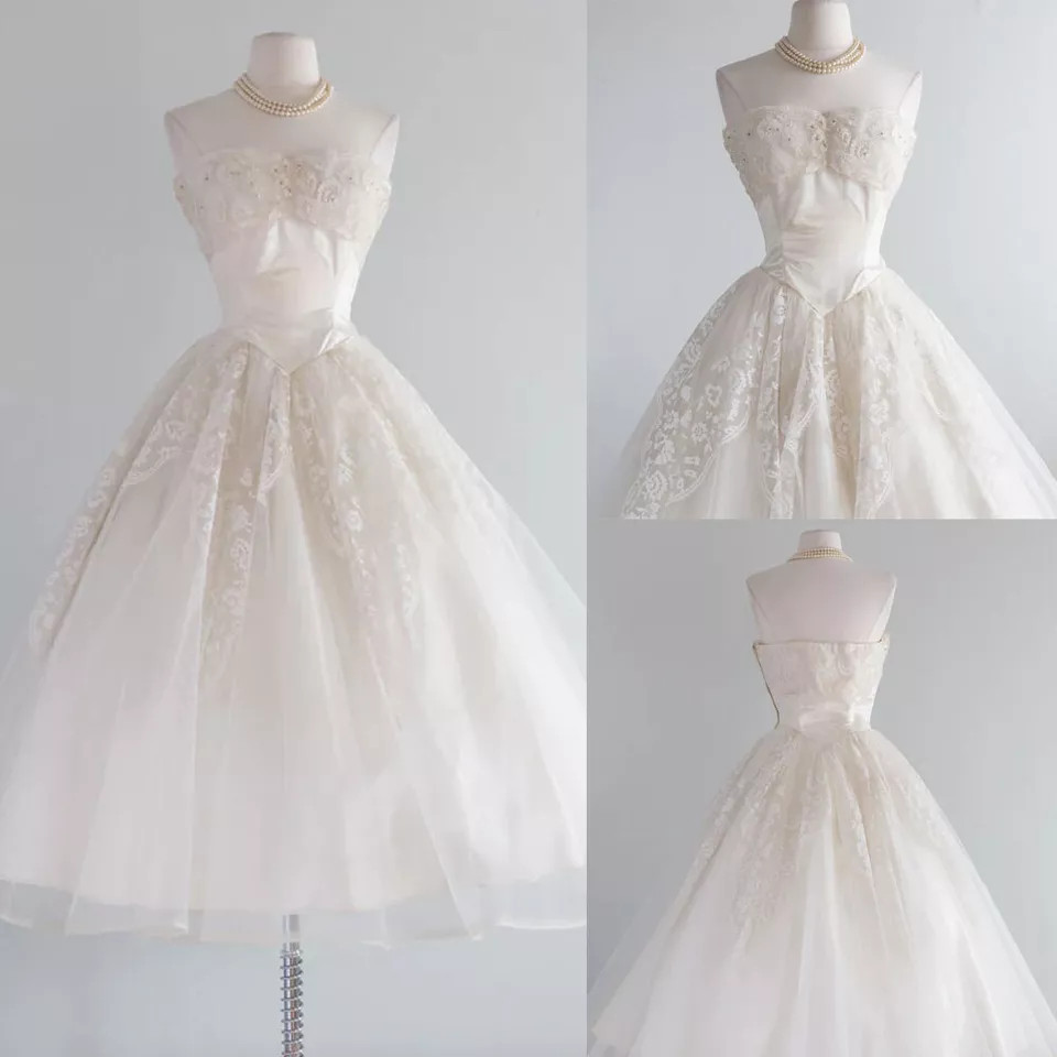 Vintage Tea Length Wedding Dresses Lace Champagne Sweetheart Neck Bridal Gowns