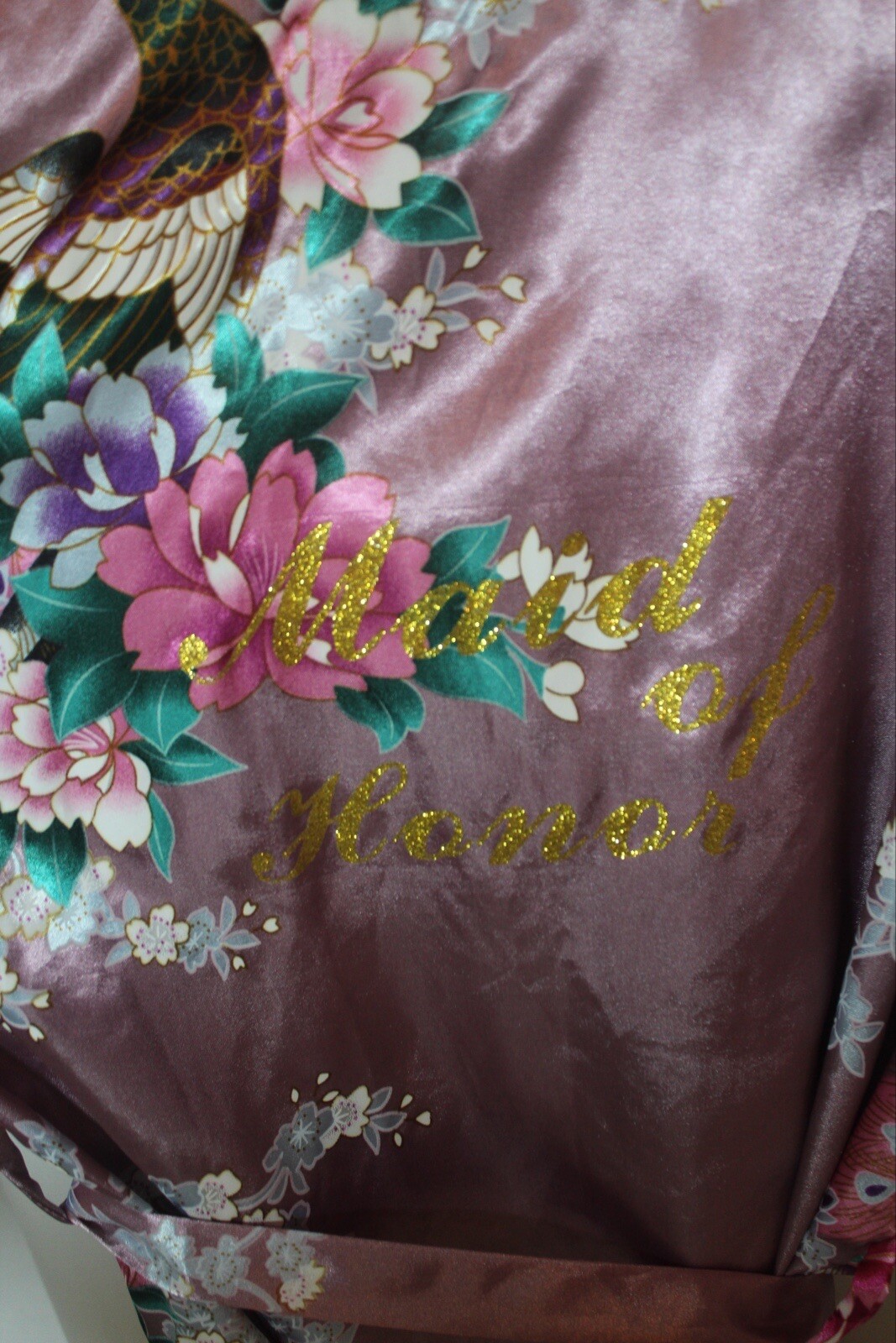 Women’s Pink Floral Kimona Robe With Maid Of Honor On Back One Size