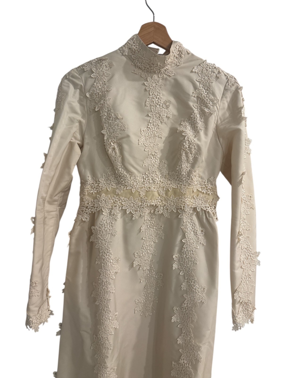Vintage Ivory Lace Bridal Gown w/ Attached Veil | Long Sleeve High Neck Wedding