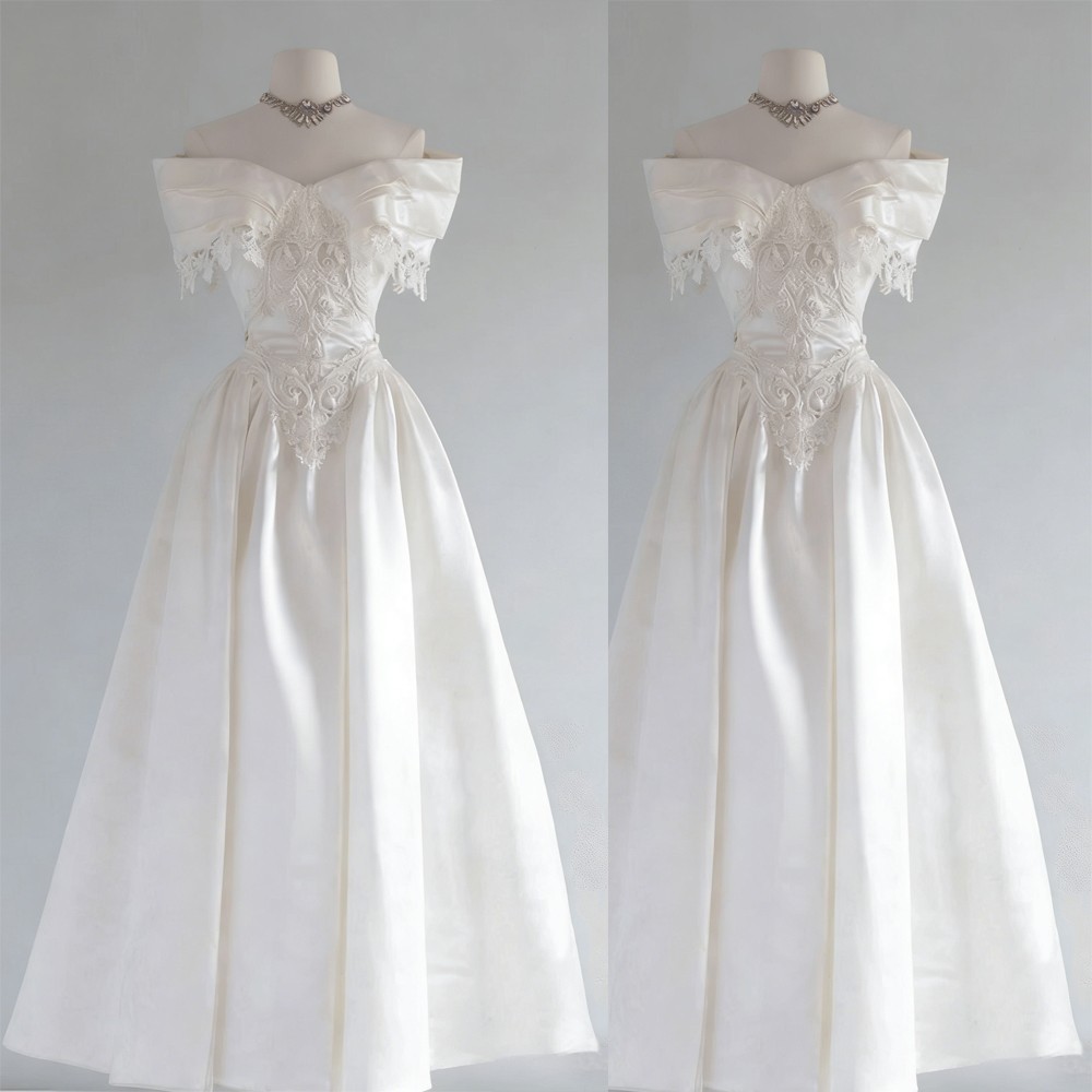 Satin Wedding Dress Off Shoulder Vintage Lace Appliques Full Length Bridal Gown