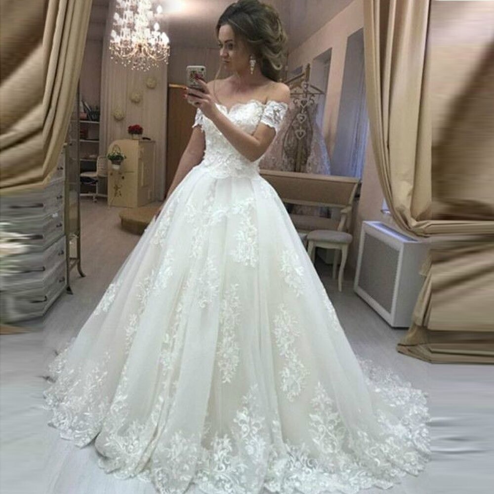 Elegant Off-Shoulder Wedding Dresses Applique Lace A-line BridalGown Court Train