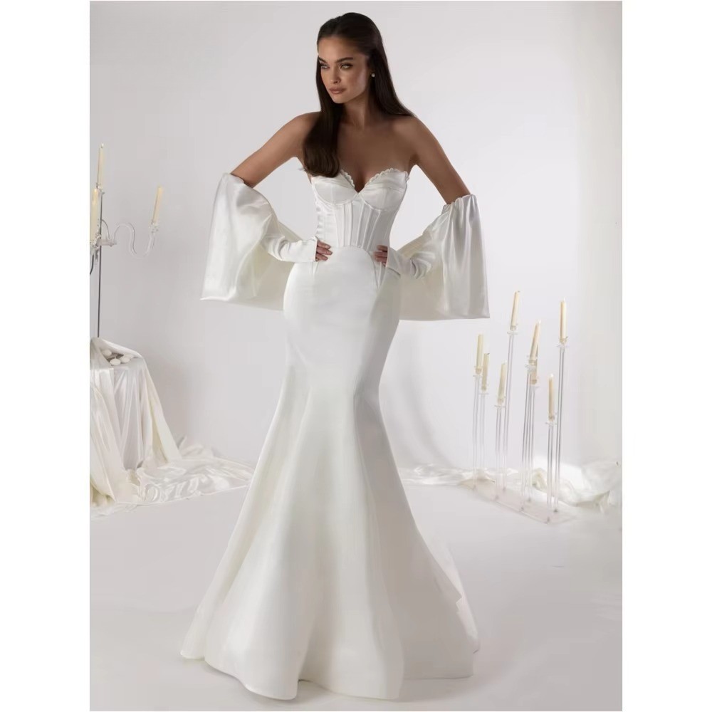 Vintage Satin Wedding Dresses Sweetheart Corset Waist Detachable Sleeve Gowns