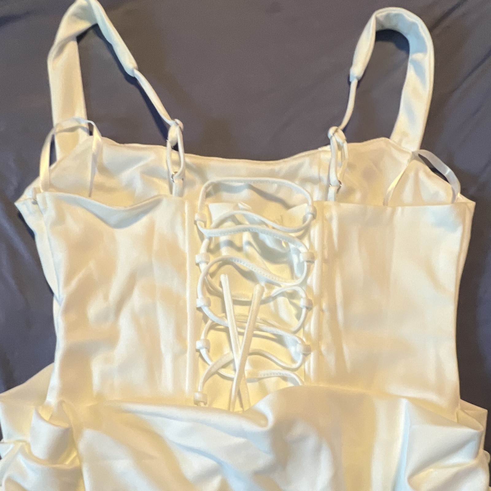 M White Satin Sleeveless Square Neck Ruched Mini Slip Dress Corset Back M