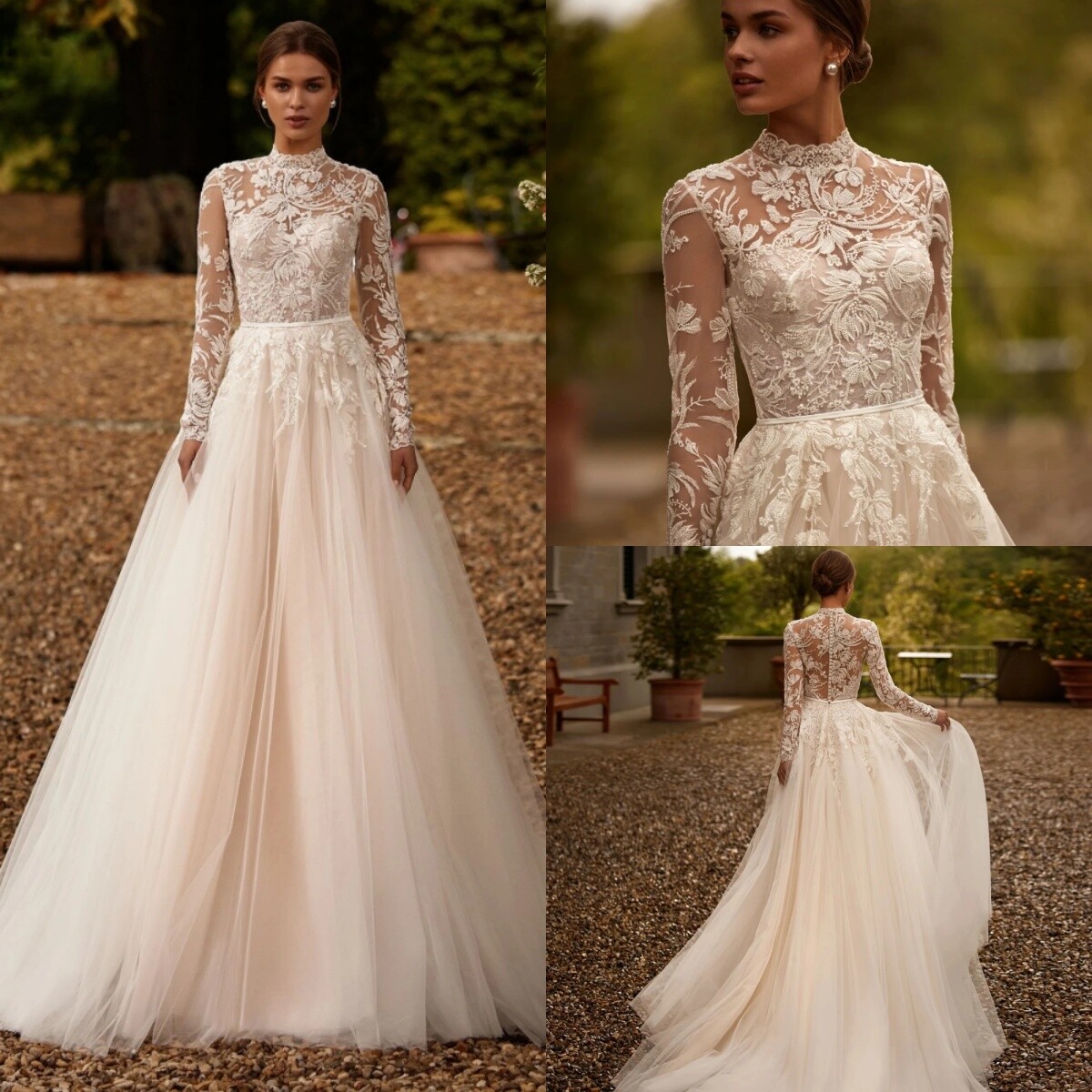 High Neck Long Sleeve Lace Wedding Dresses A-Line Tulle Bridal Gown With Train