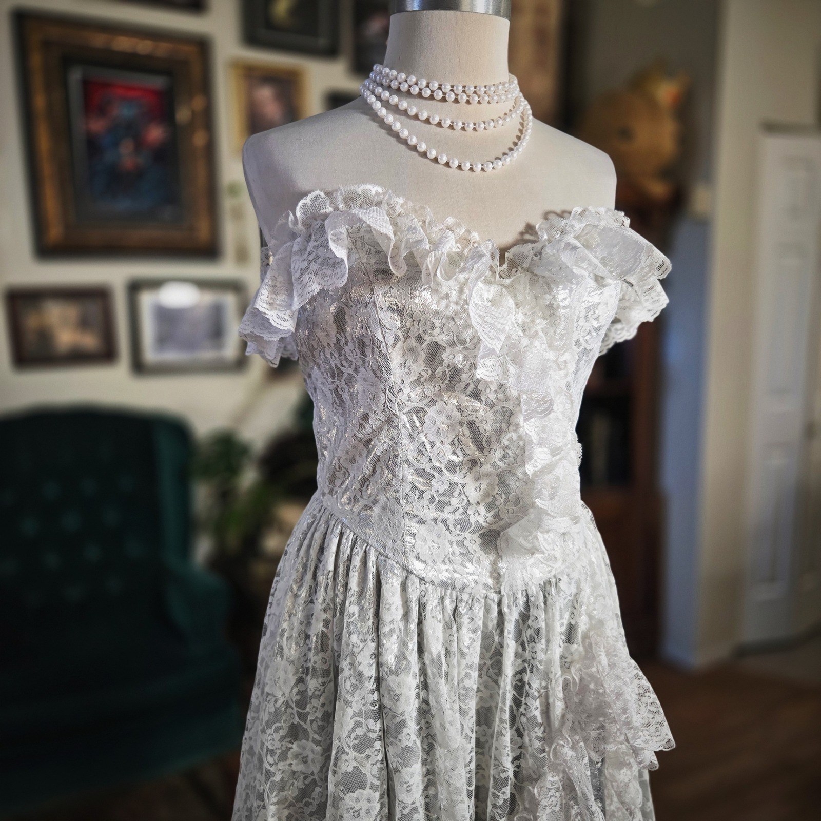 Vintage 80s Lace Off Shoulder Wedding Dress Silver Overlay Ruffles Formal Gown