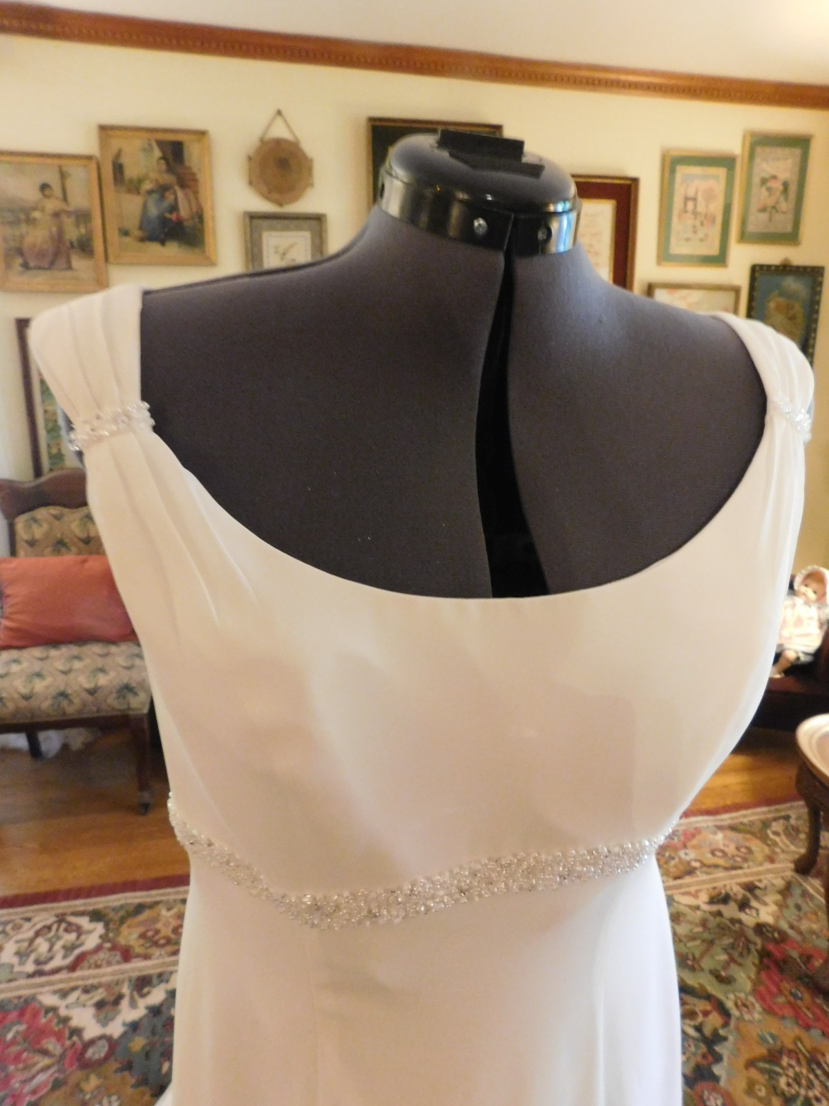 BEAUTIFUL WHITE GALINA CHIFFON & TAFFETA A-LINE BEADED WEDDING GOWN S 14
