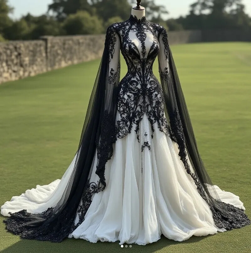 Black+White Wedding Dresses Gothic Lace Applique with Cape Sleeves High Collar