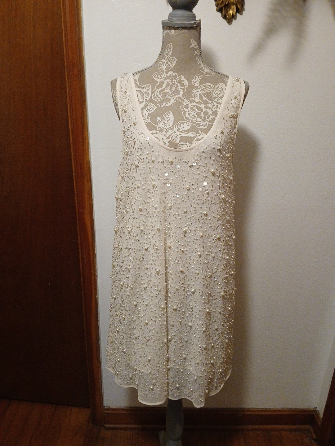 H&M Ivory Pearl Embellished Shift Mini Dress Size L
