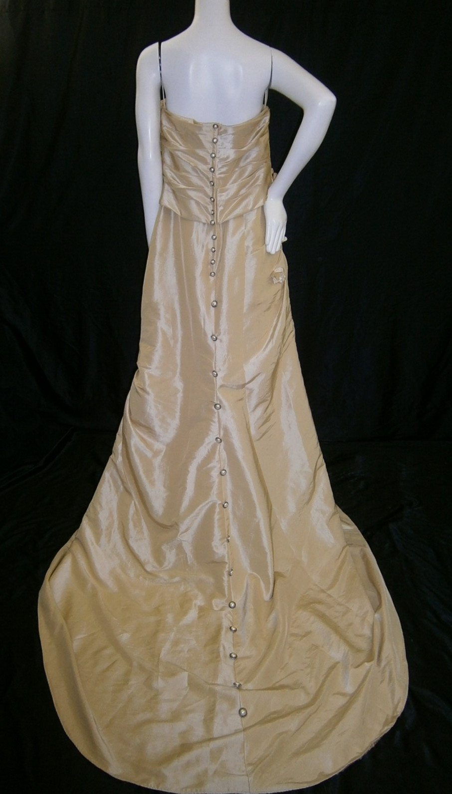 Gold Satin Wedding Dress Strapless Ruching Side Drape & Dangles Pearl Buttons