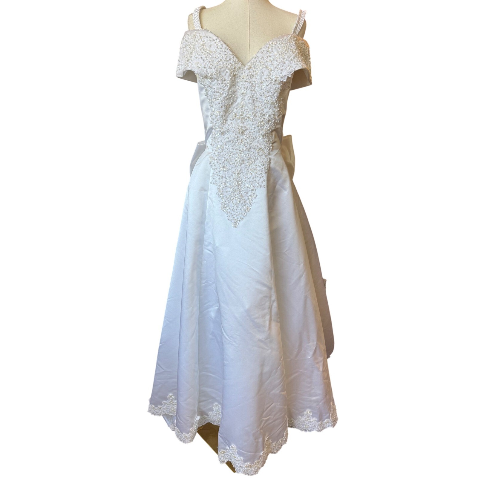 Vintage Mori Lee White Beaded Bow Wedding Dress Size 12 Off The Shoulder V Neck