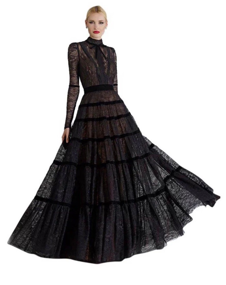 KOS Couture Long Sleeve High Neck Lace Maxi Dress Black Sz 8 NWT