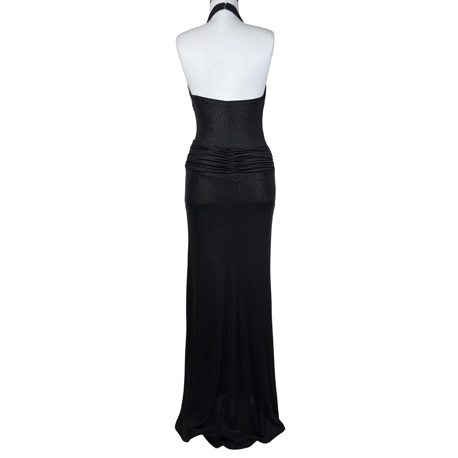 Y2K Black Halter Maxi Dress: Rhinestone Embellished, Deep Plunge, Bodycon