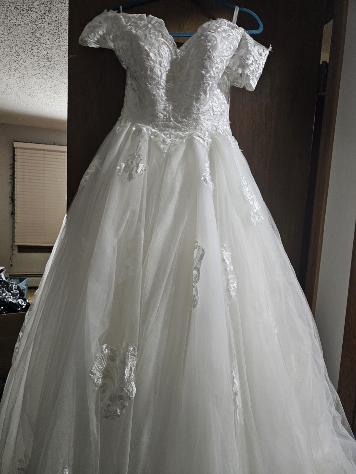 White Lace & Embroidery Ball Gown Wedding Dress V-Neck Short Sleeve Corset