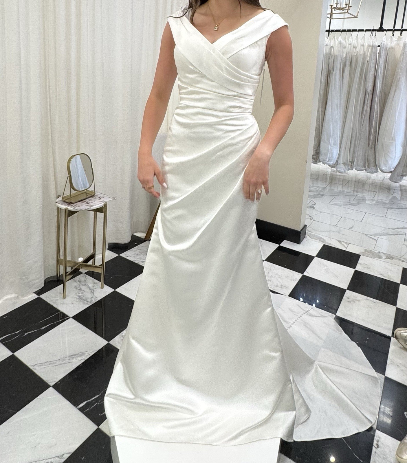 White Satin A-Line Wedding Dress Portrait Off-Shoulder Sleeveless with Train