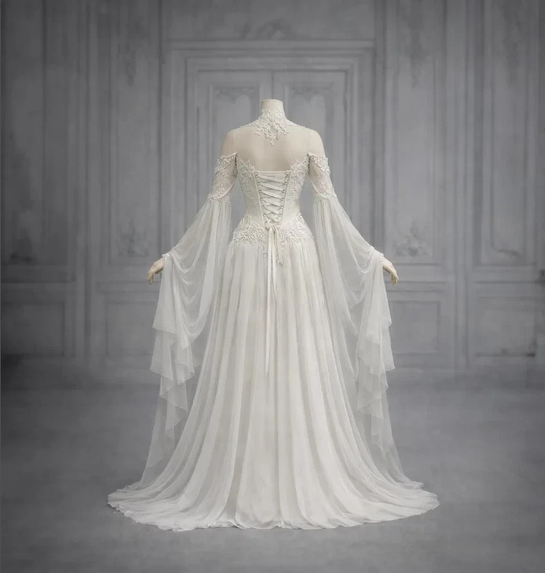 Celtic Chiffon Wedding Dress Cold Shoulder Flared Bell Sleeve Beaded Bridal Gown