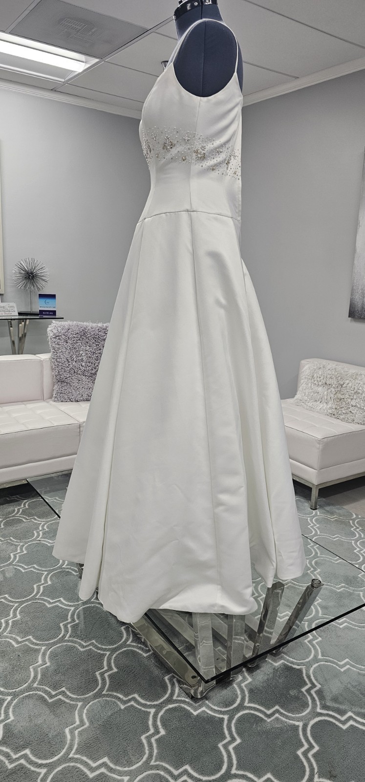 I-611 White Satin, Low Scoop Neckline, Box Pleats Floor Length Wedding Dress