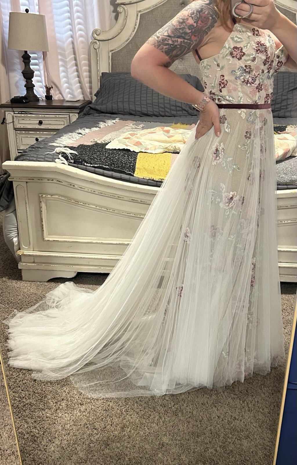 Watters Ivory Embroidered Tulle A-Line Wedding Dress Sweetheart Train Sz 10