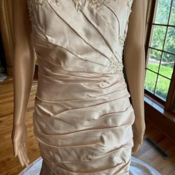 *Champagne Gold Satin Strapless Detachable Mini Wedding Gown Bridal Dress Size 4