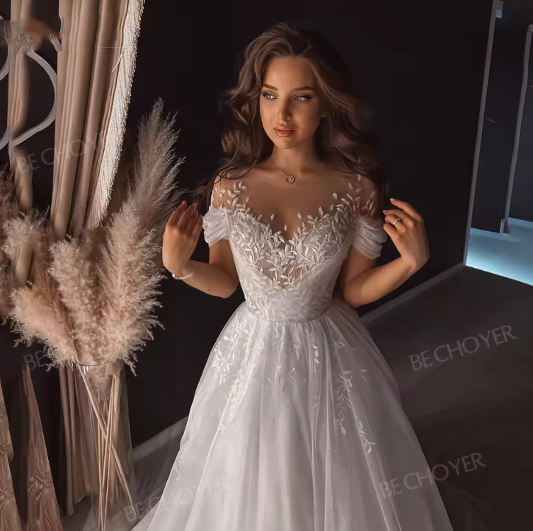 Puff Sleeve Wedding Dresses Shiny Fashion Beaded A-Line customized Princess