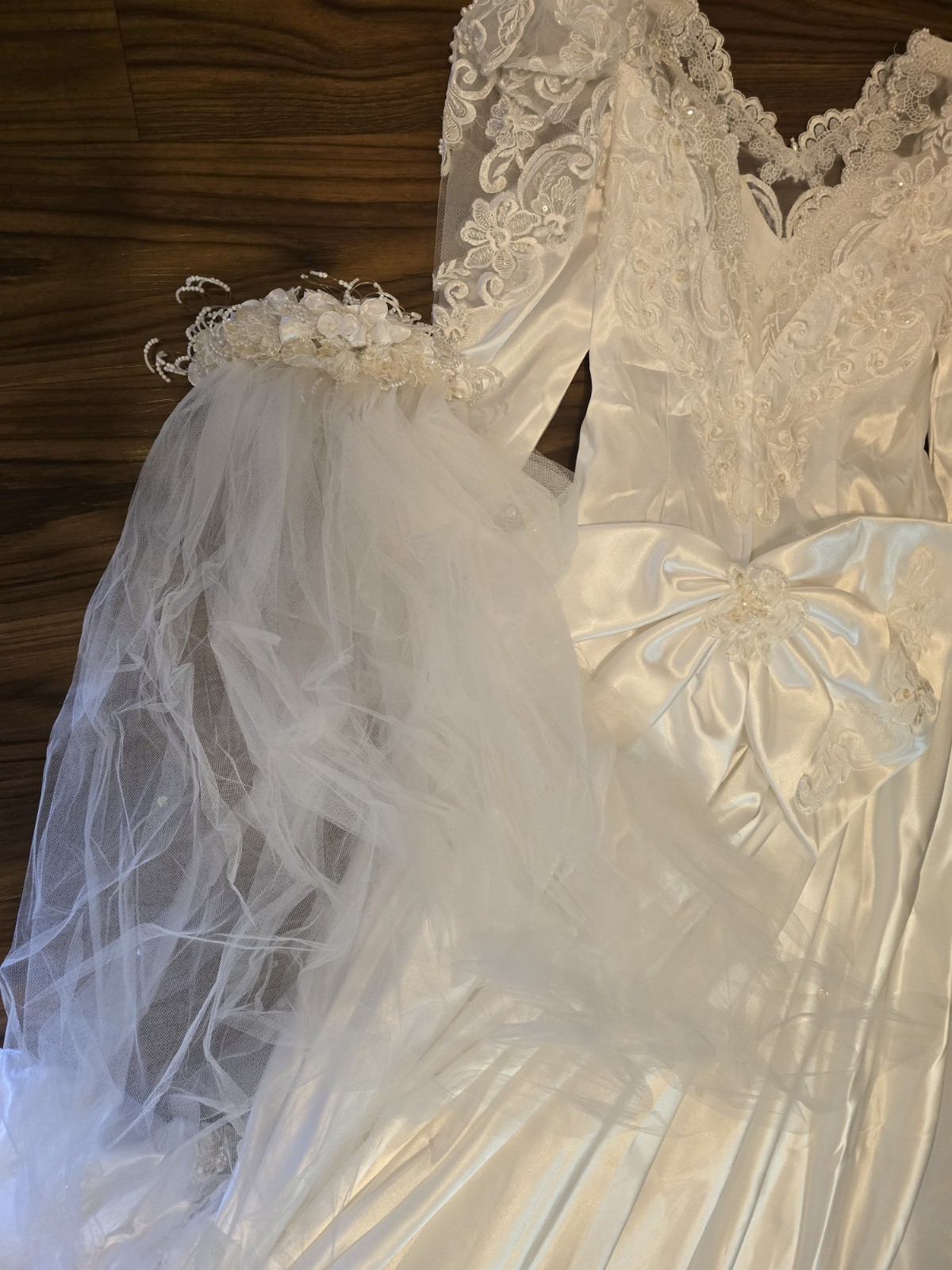 Mary’s White Satin Lace Beaded Bow Long Sleeve V-Neck A-Line Wedding Train