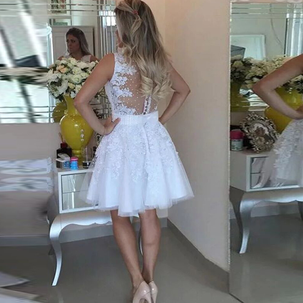 Mini Wedding Dresses Knee Length Beaded A Line Bridal Gowns White Lace Appliques