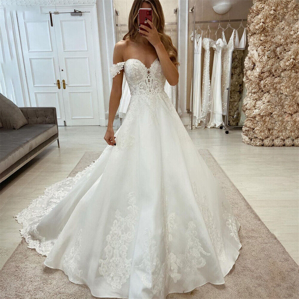 A Line Off The Shoulder Wedding Dresses Lace Appliques Bridal Gowns Custom Size