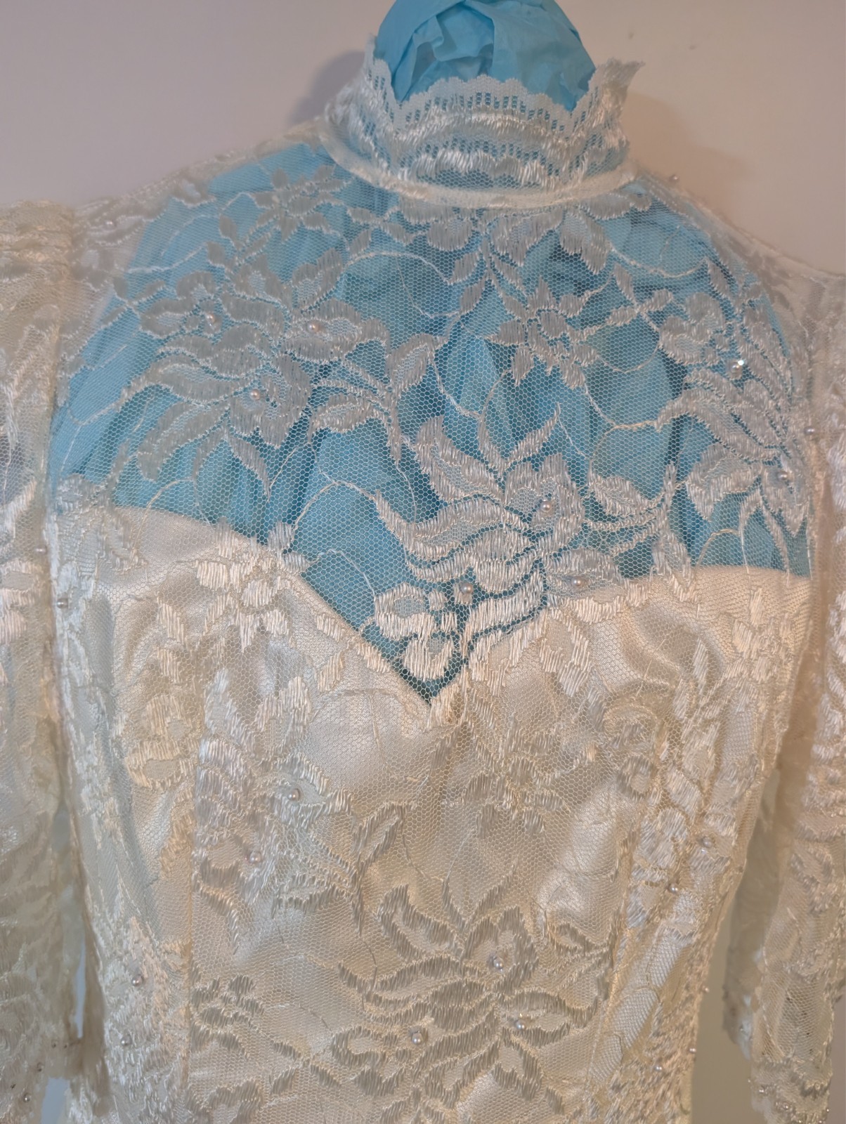 Dessy Creations Vintage 80s Wedding Dress Ivory Lace / Satin High neck &Sleeve
