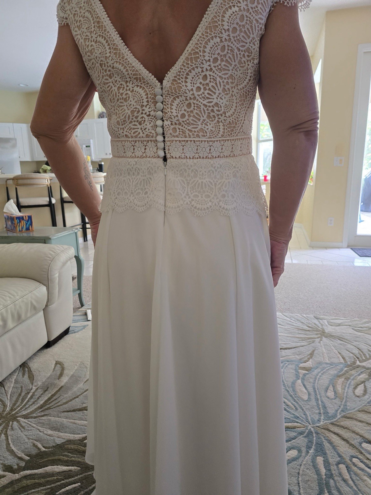 Missacc Ivory Lace V-Neck Cap Sleeve A-Line Mid-Calf Dress Zipper Back