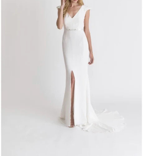 Alexandra Grecco Gemma 6 Wedding Dress Ivory Silk Crepe Slits Sleeves Modern