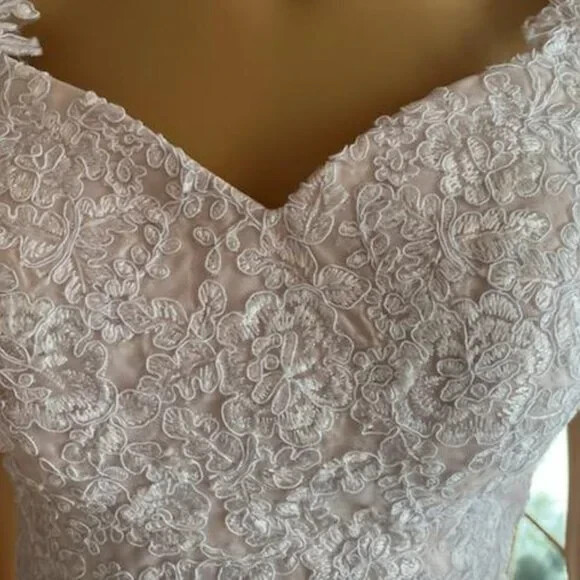 * Pink Spaghetti Strap White Lace Flared Wedding Gown Bridal Dress Size 4 6