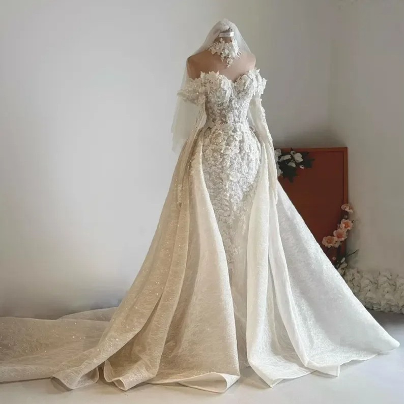 Detachable Wedding Dress Off Shoulder 3D Floral Lace Beaded Mermaid Bridal Gown