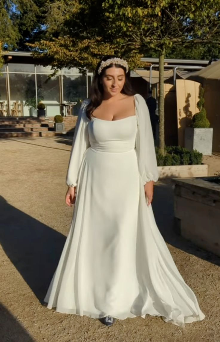 Wedding Dresses with Square Neck Puff Long Sleeve Sweep Train A Line Bridal Gown