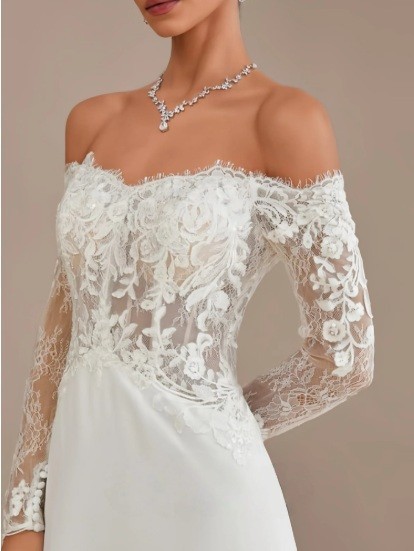 Wedding Dress A-Line Off The Shoulder Court Train Lace Chiffon Bride Dress NWT