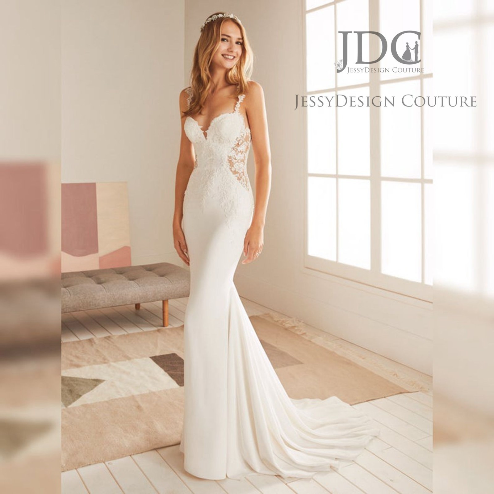 Summer fit flare crepe mermaid wedding dress wedding dress with tulle train