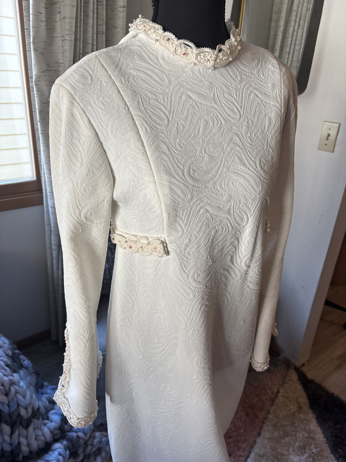 Vintage MCM 1960s Ivory Jacquard Wedding Dress bridal beaded Lace bell sleeves
