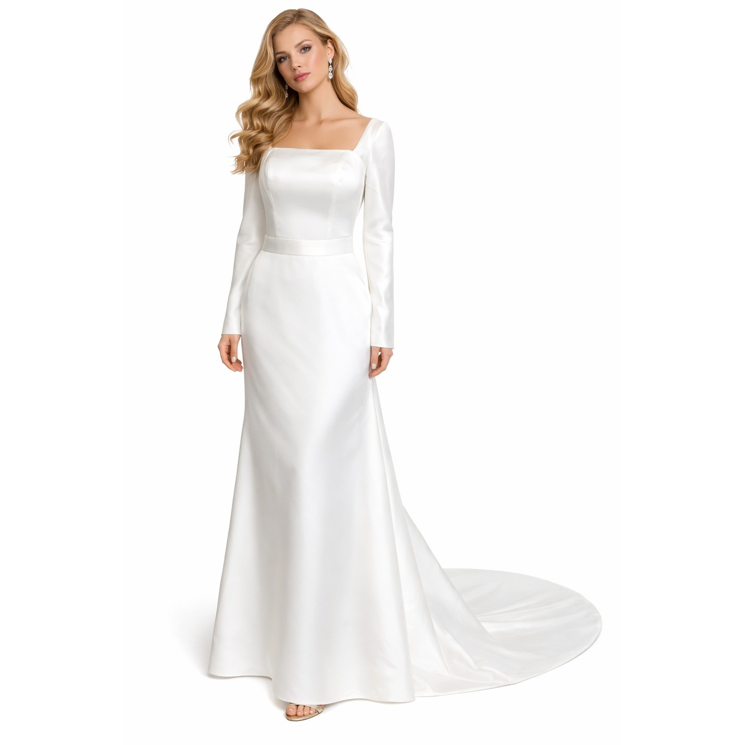 Hebeos White Satin Wedding Gown Square Neck Open Back Mermaid Bridal Dress XS