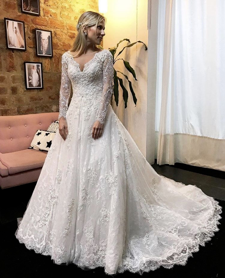 Exquisite Wedding Dresses V Neck Long Sleeves A Line Sweep Train Bridal Gown