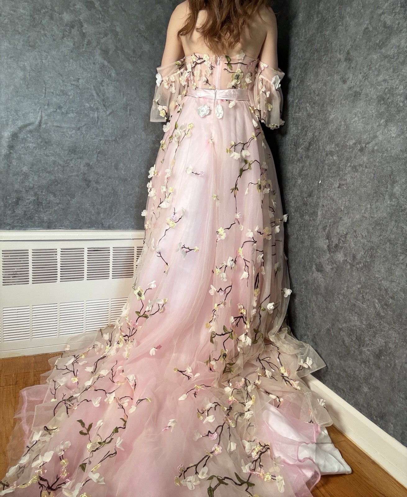 🌸 Handmade Pink Floral Wedding Dress — Off-the-Shoulder with Train 🌸 4