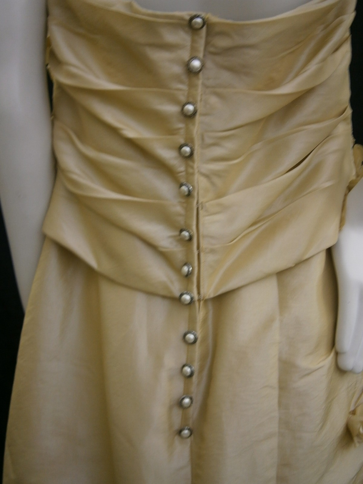 Gold Satin Wedding Dress Strapless Ruching Side Drape & Dangles Pearl Buttons