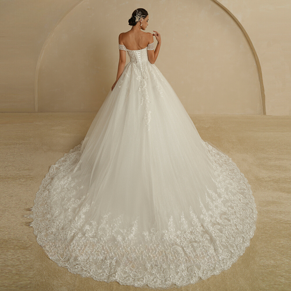 Off Shoulder Appliques Lace Up Back Glitter Princess Wedding Dress Ball Gown New