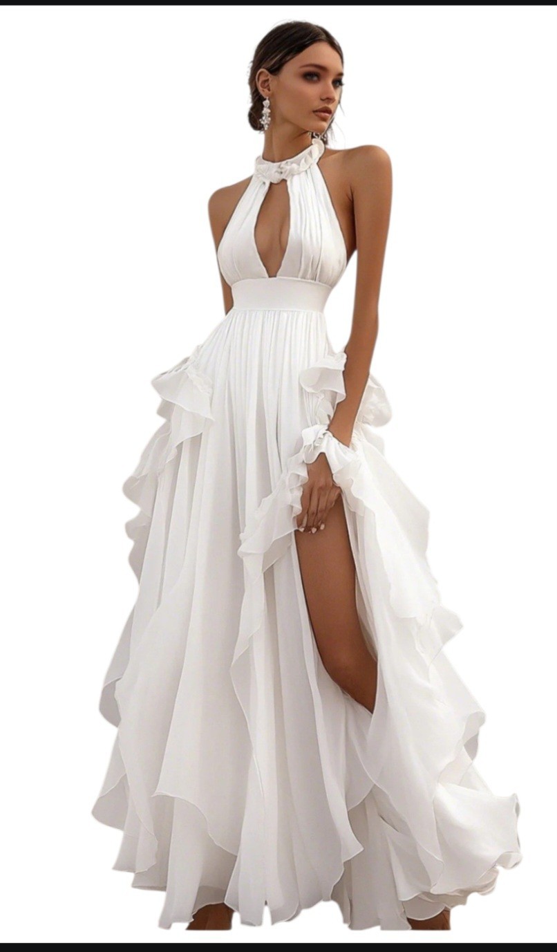 White Halter Neck Sleeveless Ruffle A-Line Full-Length dress size 8