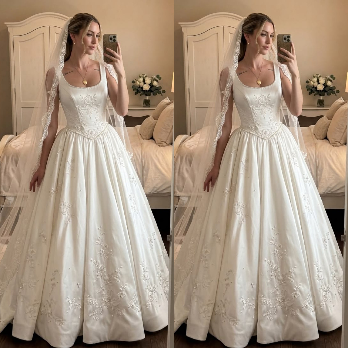 Satin Wedding Dresses with Stickerei Corset Beaded Sleeveless Bridal Gowns