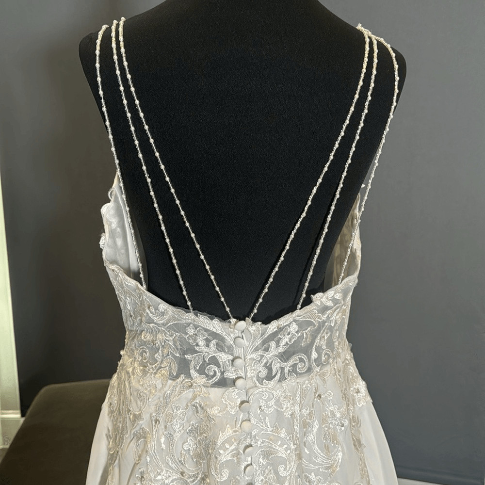 Women’s White Chiffon Wedding Dress Leg Split Zip Up Back Beaded Straps Size 12